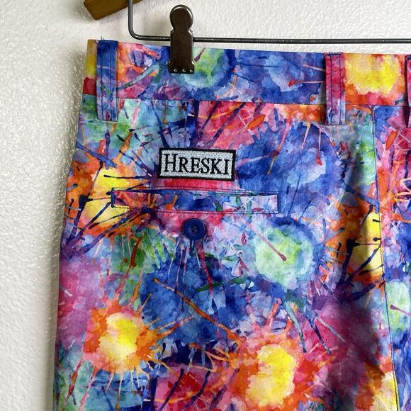 Hreski Golf Shorts 34 Mens Multi Splatter Chino Performance Flat Front Colorful - Picture 8 of 9